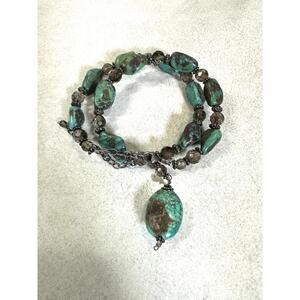 Vintage Turquoise Smoky Quartz Silver Bracelet With Drop Pendant